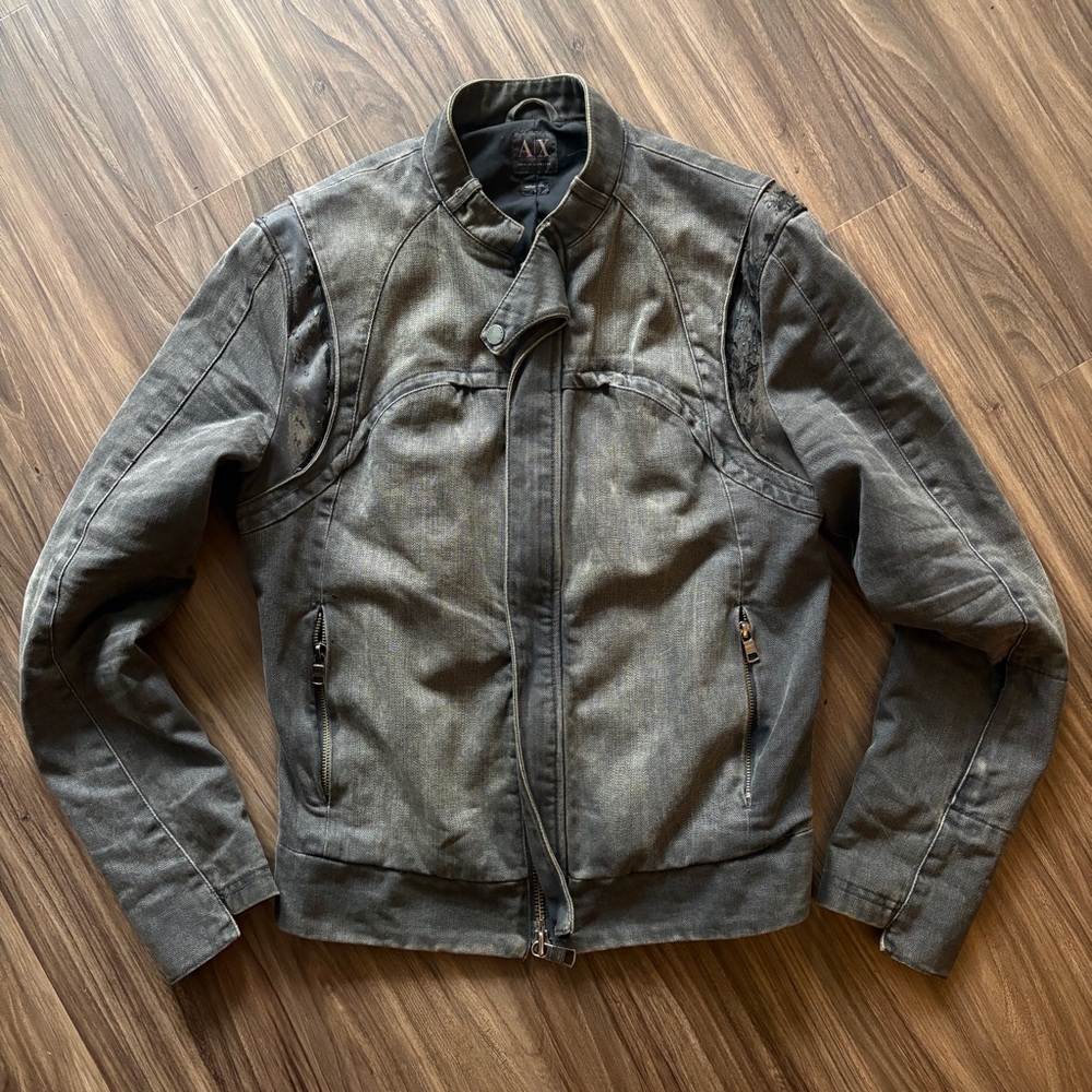 Armani Exchange Vintage Y2K Gray Denim Moto Jacket